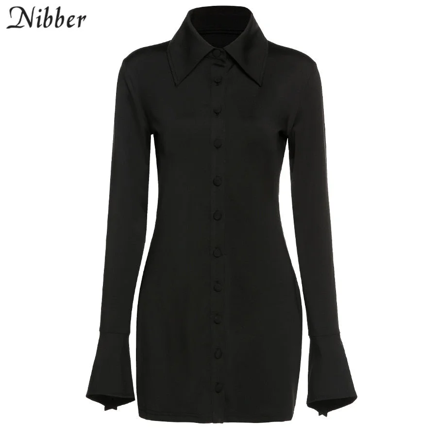 Nibber Solid Black Women Shirt Dress Fashion 2020 Autumn Long Sleeve Sexy Mini Dresses Bodycon Slim Basic Ruched Short Dress