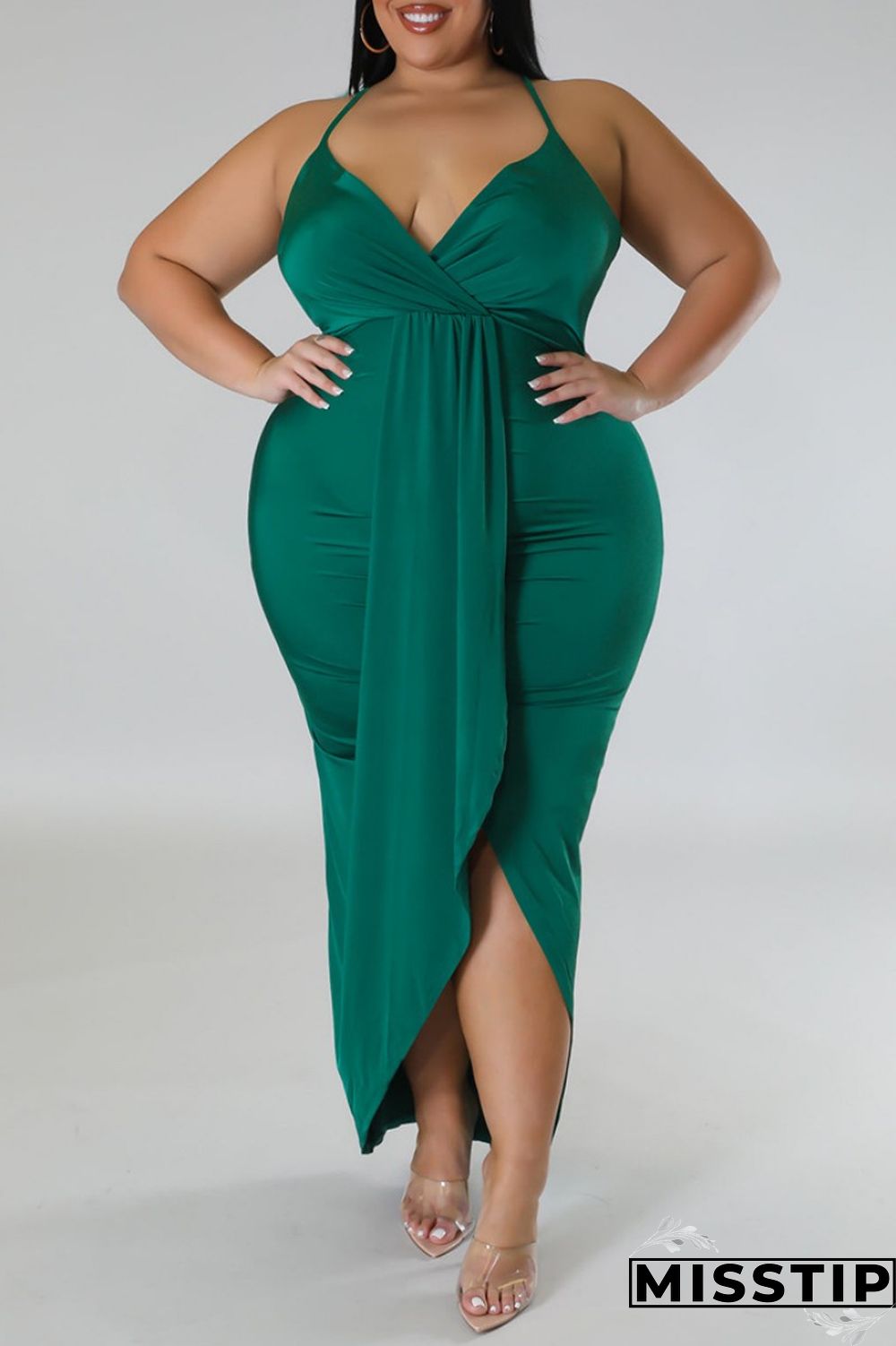 Purple Sexy Solid Patchwork Backless V Neck Sling Dress Plus Size Dresses