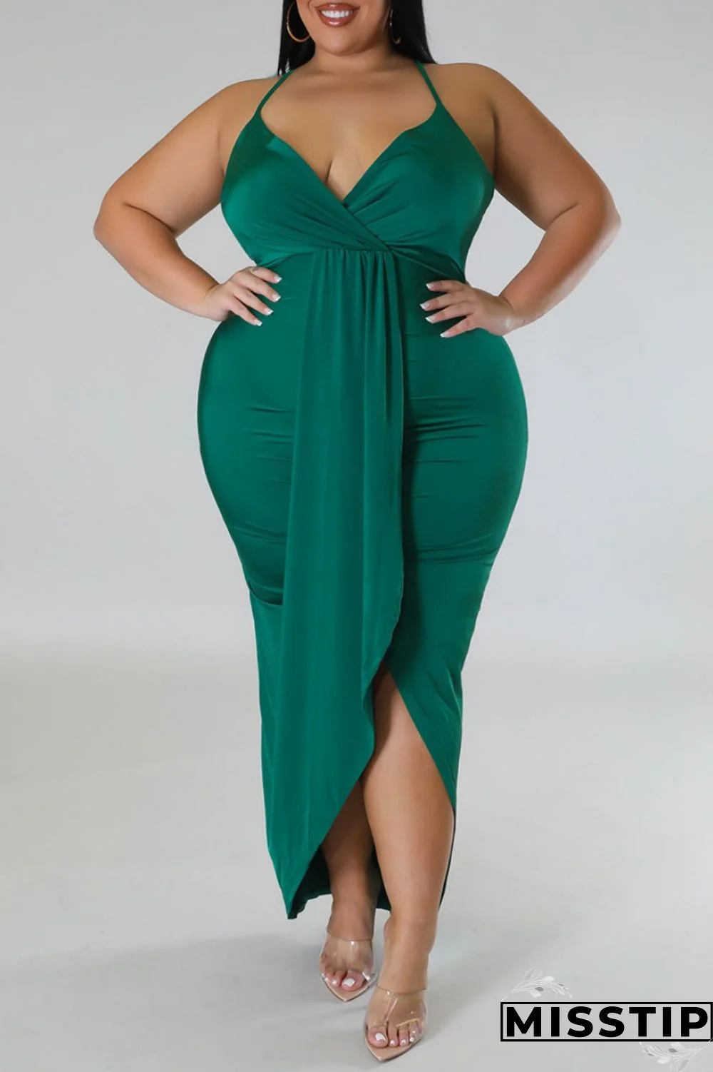 Purple Sexy Solid Patchwork Backless V Neck Sling Dress Plus Size Dresses