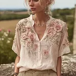 Bohemian Retro Pink Floral Pattern Women's Short-sleeve Shirt - Image 2