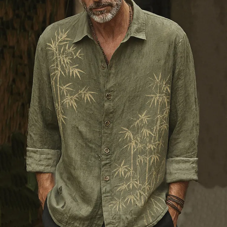 Men's Vintage Bamboo Embroidery Art Long Sleeve Shirt