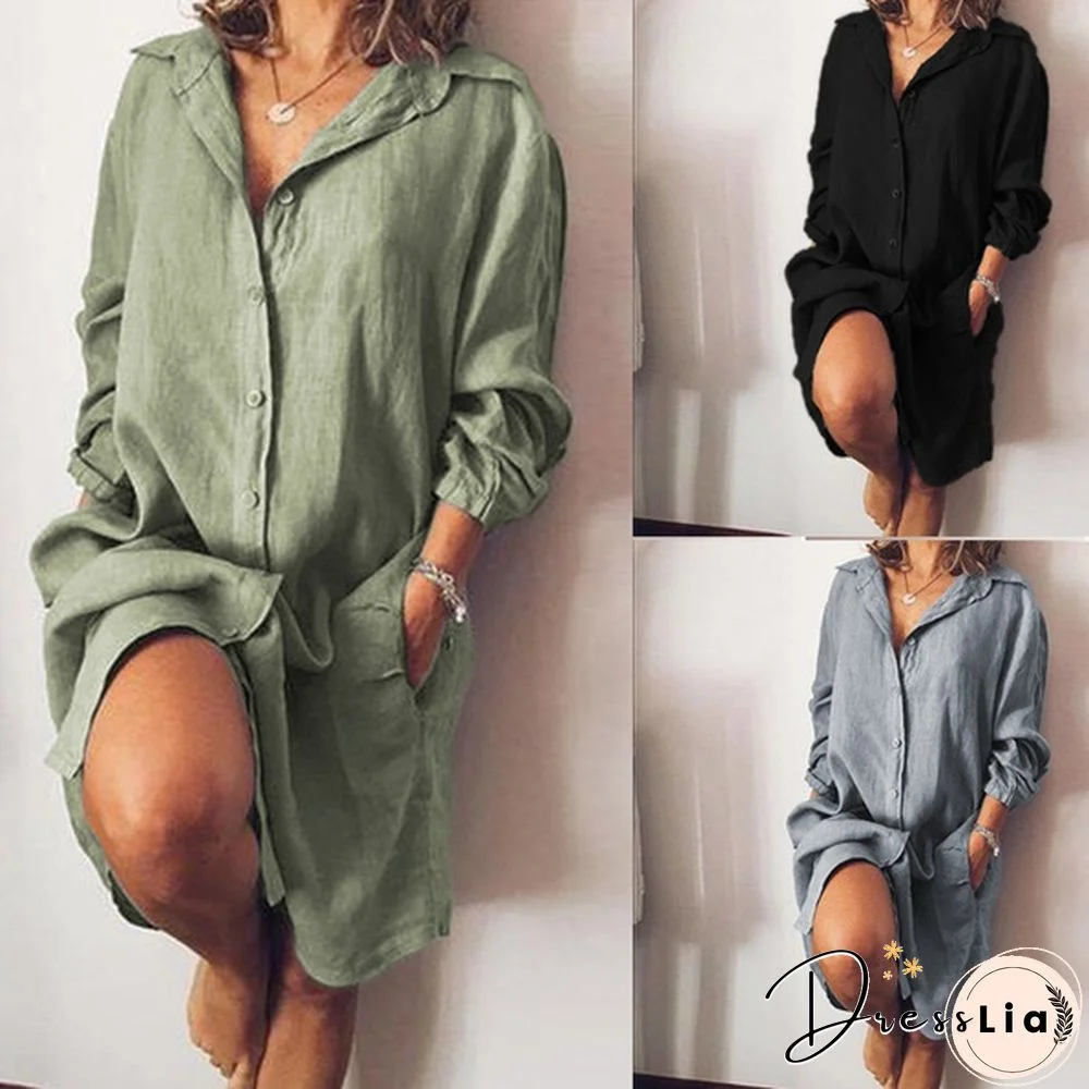 Women Turn-down Collar Long Sleeve Tunic Tops Long Blouse Button Down Mini Shirt Dress