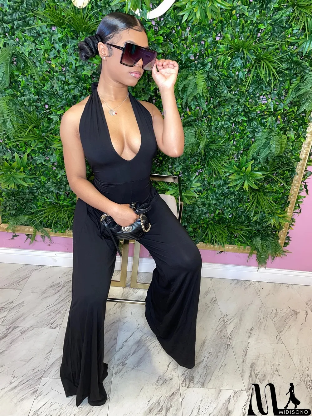 MidiSono - Women's Deep V Strap Low Back Jumpsuit