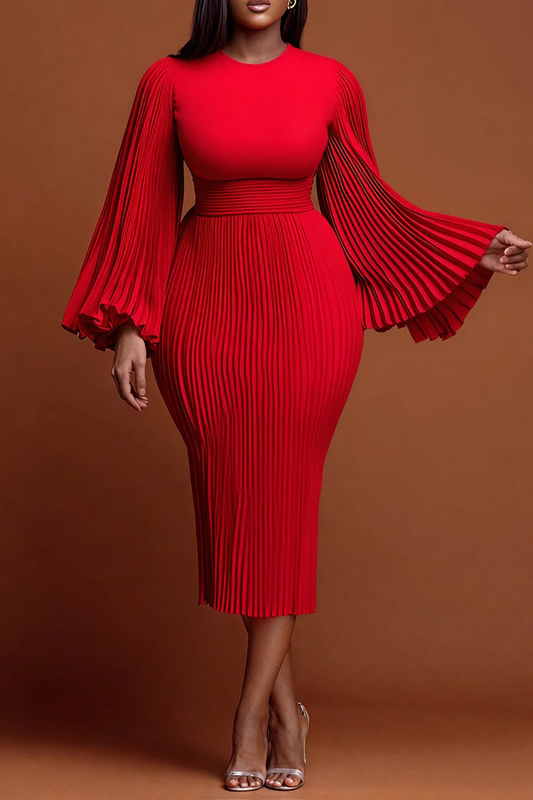 Xpluswear Design Plus Size Christmas Red Round Neck Flare Long Sleeve Bodycon Elegant Pleated Knitted Midi Dresses [Pre-Order]