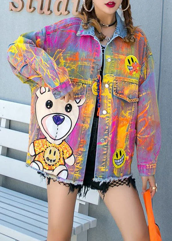 6.10Art Yellow Graphic Zircon Nail Bead Patchwork Denim Coat Spring