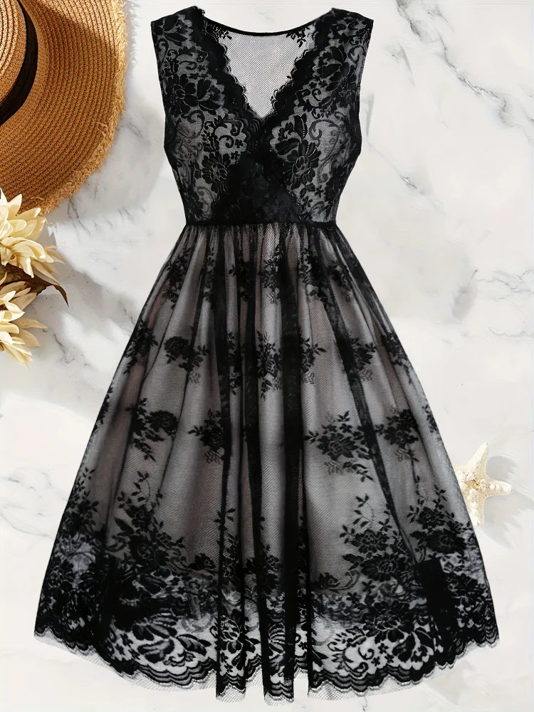 Elegant Plus Size Black Floral Lace Sleeveless Dress | V-Neck, Tiered Ruffled Hem, Polyester Blend, Machine Washable, Spring Summer Fall