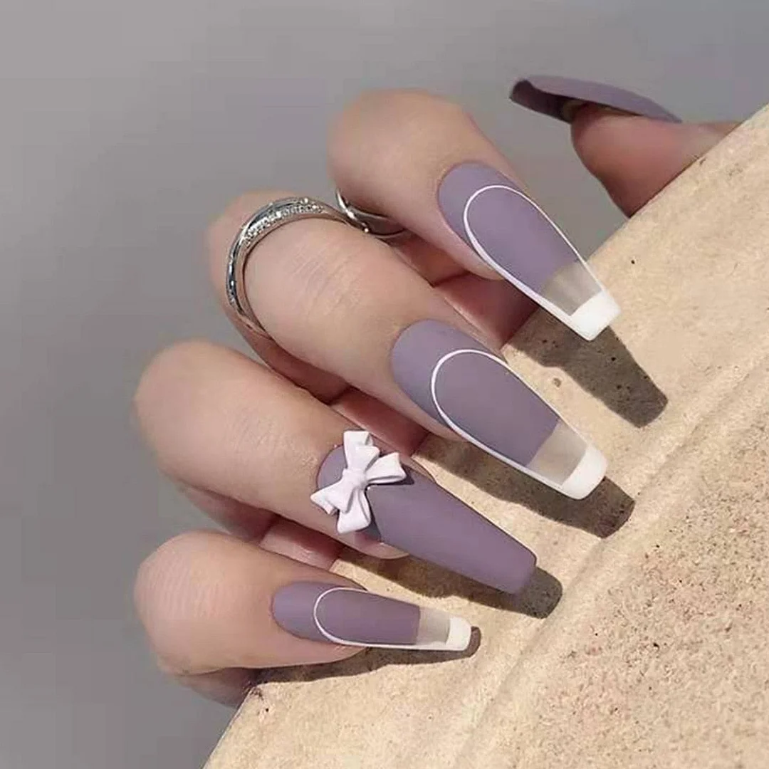 24pcs/Box Flower Extra Long Coffin False Nails Bow V French Press On Nails Fake Nails with Designs Full Cover Nail Tips