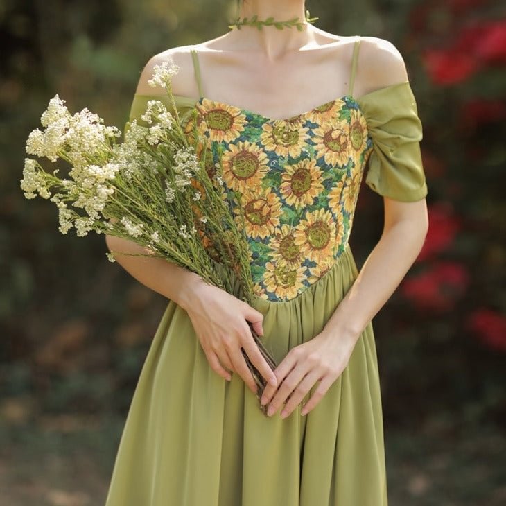 Fairy Tales Aesthetic Off-Shoulder Sunflower Dress QueenFunky