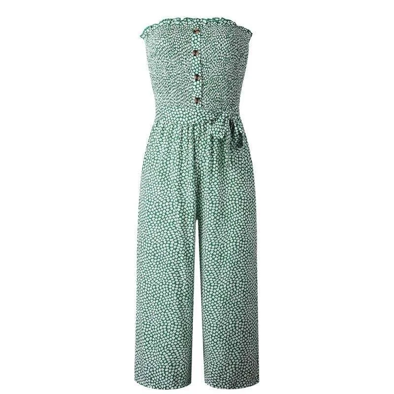 Floral Long Jumpsuit Elegant Women Backless Romper Summer Jumpsuit Female Cotton Pocket Ladies Strapless Overalls For Women