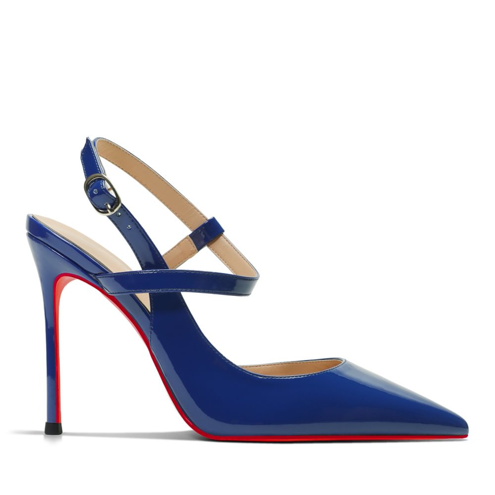 100mm Women Slingback Pumps Ankle Strap Jenlove Stiletto Mid Heel Close Pointed Toe Dress Red Bottoms Shoes-MERUMOTE