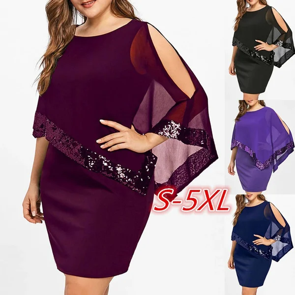 Women Plus Size Cold Shoulder Overlay Asymmetric Chiffon Strapless Sequins Dress