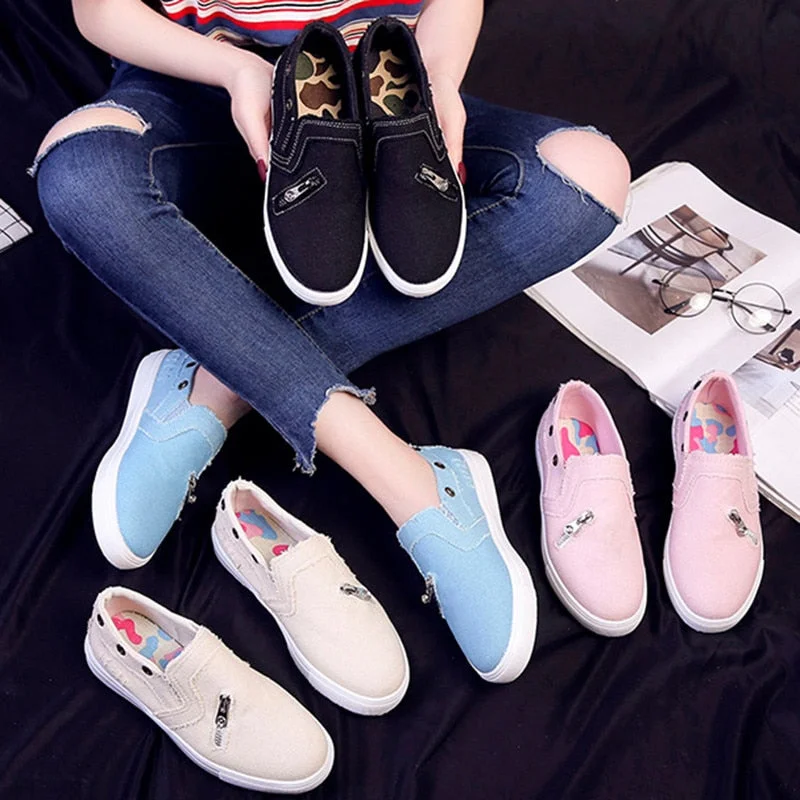Back To School 2022 Women Canvas Shoes Slip On Flat Shoes Spring Casual Female Denim Fashionable Sneakers Breathable Tassel Footwears