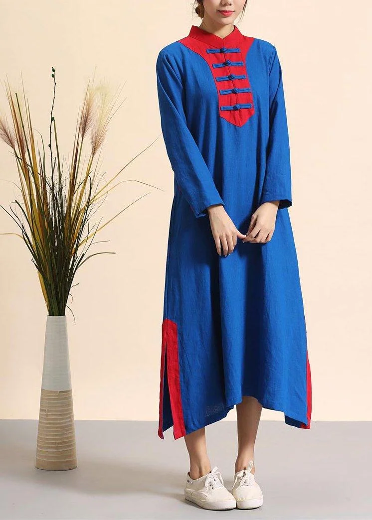 Style Stand Collar Side Open Spring Tunics For Women Fashion Ideas Blue Patchwork Red Robe Dress