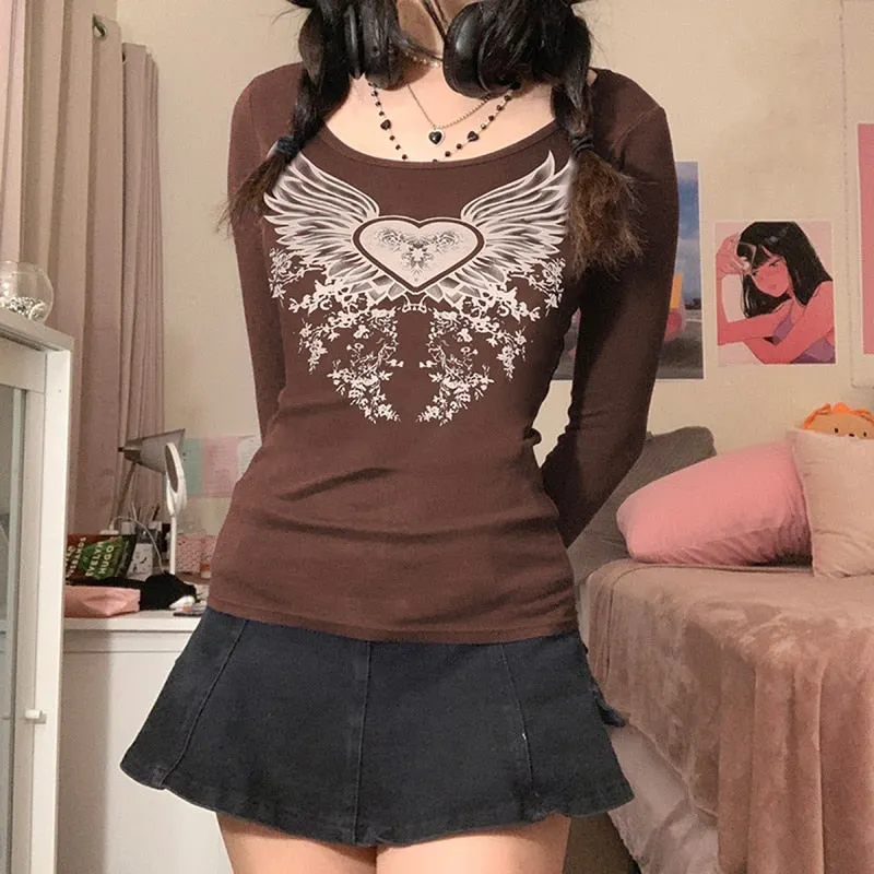 Xingqing Angel Wings Print Tops Fairy Grunge Graphic T Shirts Vintage Indie Aesthetic Clothes Cyber Y2k Slim Long Sleeve Top