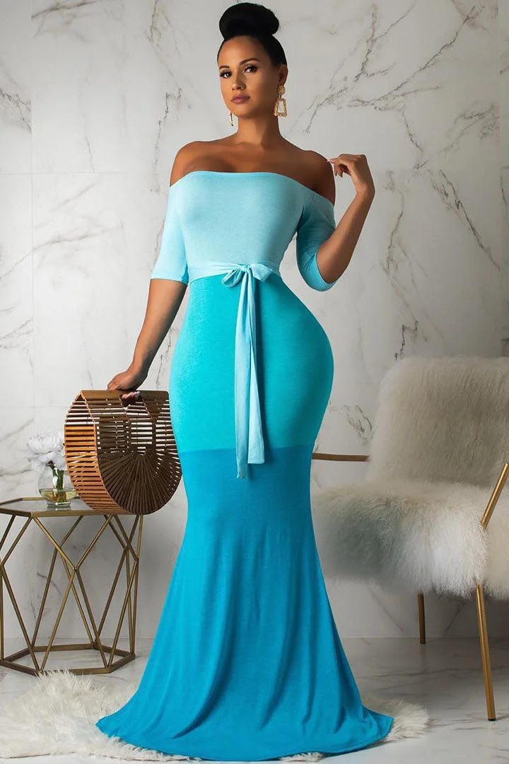 Off the Shoulder Colorblock Maxi Dressees