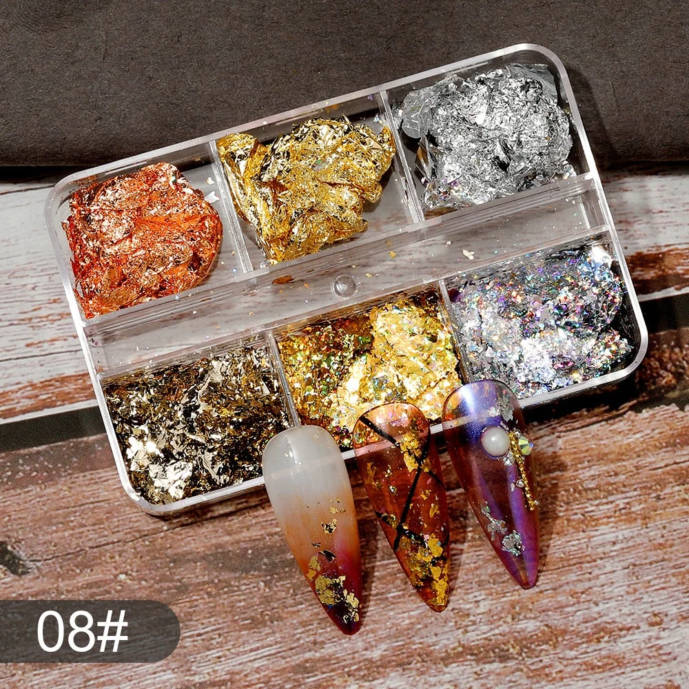 6 Grids Sparkly Foil Nails Sequins Irregular Aluminum Gold Red Summer Design Set  Mirror Chrome Glitter Flakes Gel DIY Manicure-Nail Inspo