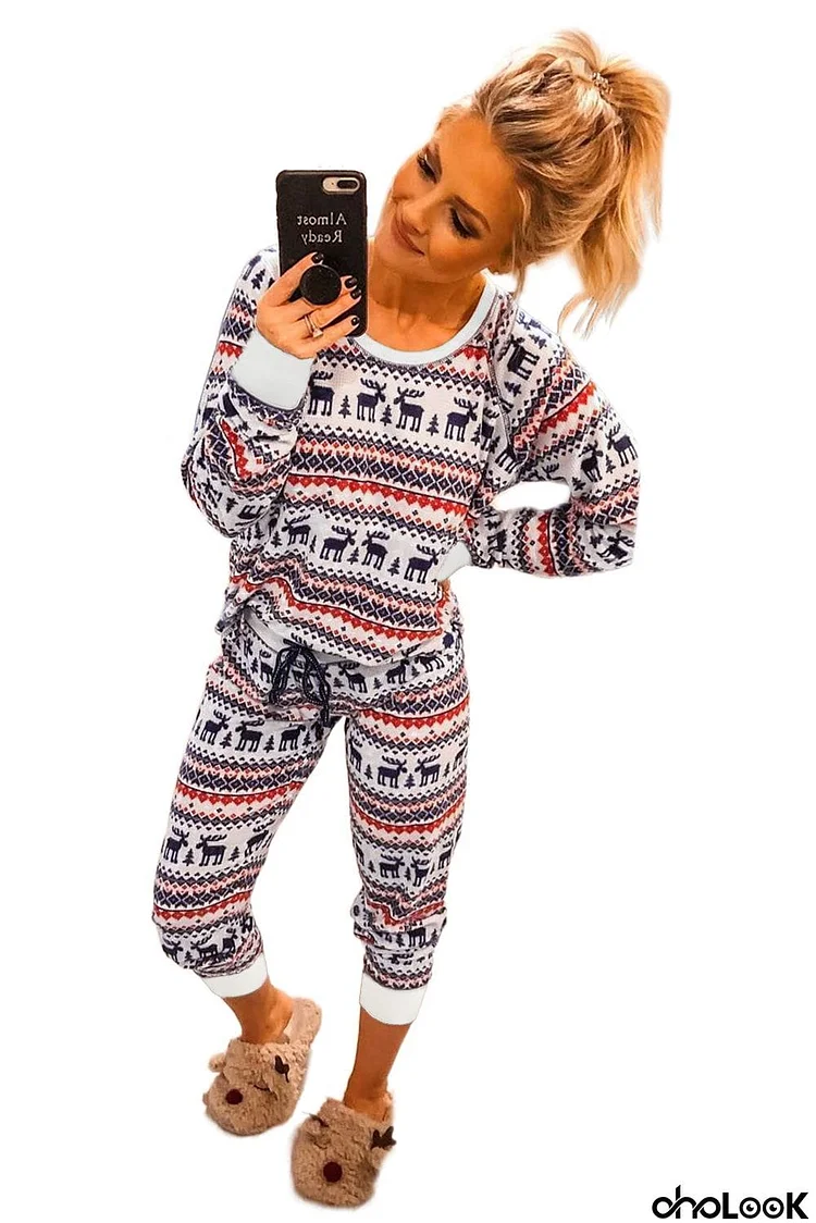 Reindeer Run Print Long Sleeve Top & Drawstring Pants Loungewear Set