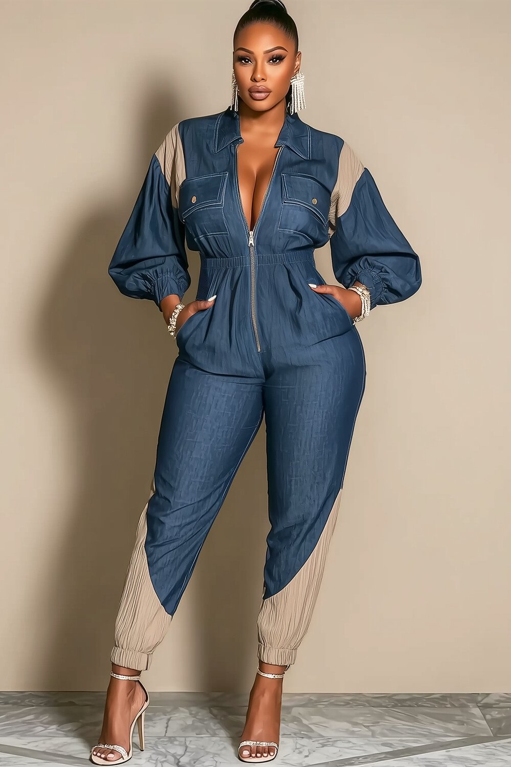 Bishop Sleeve Contrast Denim Zip-Up Tapered Leg Jumpsuit-Blue [Pre Order]