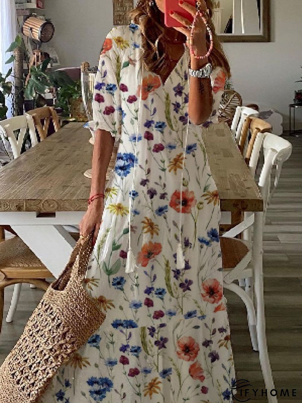 Casual Floral V Neck Short Sleeve Woven Dress | IFYHOME