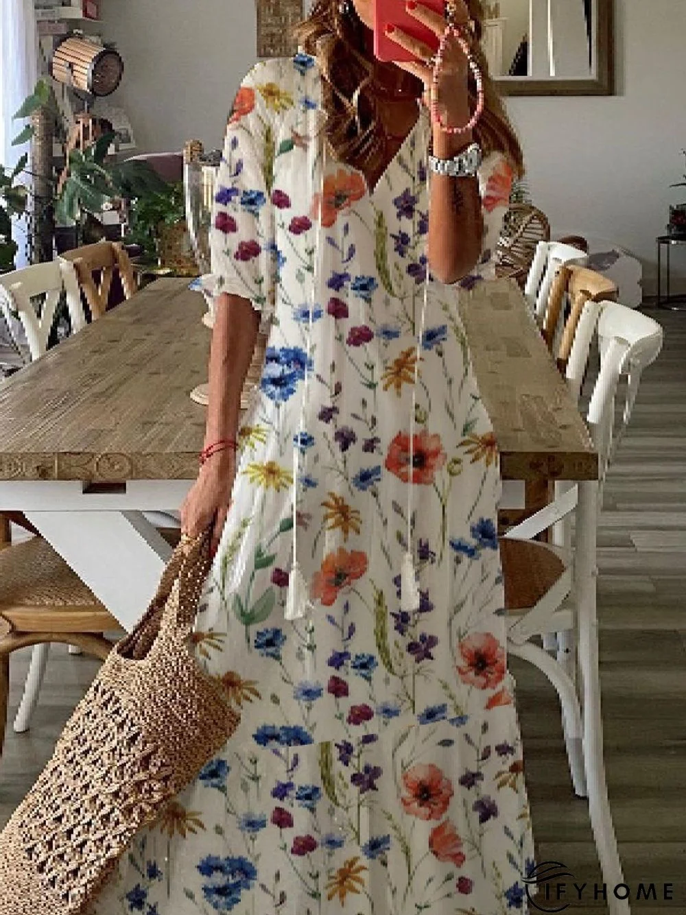 Casual Floral V Neck Short Sleeve Woven Dress | IFYHOME