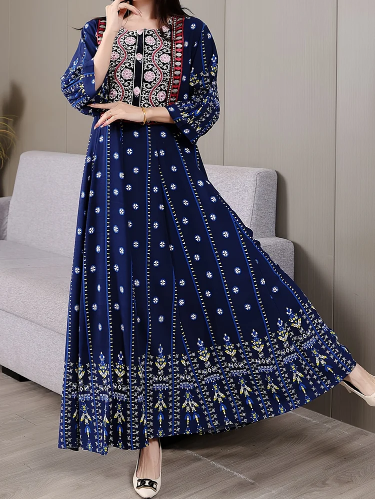 Elegant Blue Embroidered Maxi Dress With Golden Accents - Bohemian Style, Long Flowing Skirt For Casual, Holiday, And Beach Wear, Casual Beach Attire | Bohemian Style Dress | Embroidered Detailing, Beach Dress