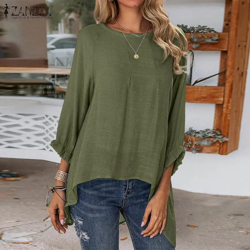 ZANZEA Women Elegant 3/4 Sleeve Solid Blouse Autumn Asymmetrical Shirt Vintage Casual Loose Blusas Chemise Oversized Tunic Tops