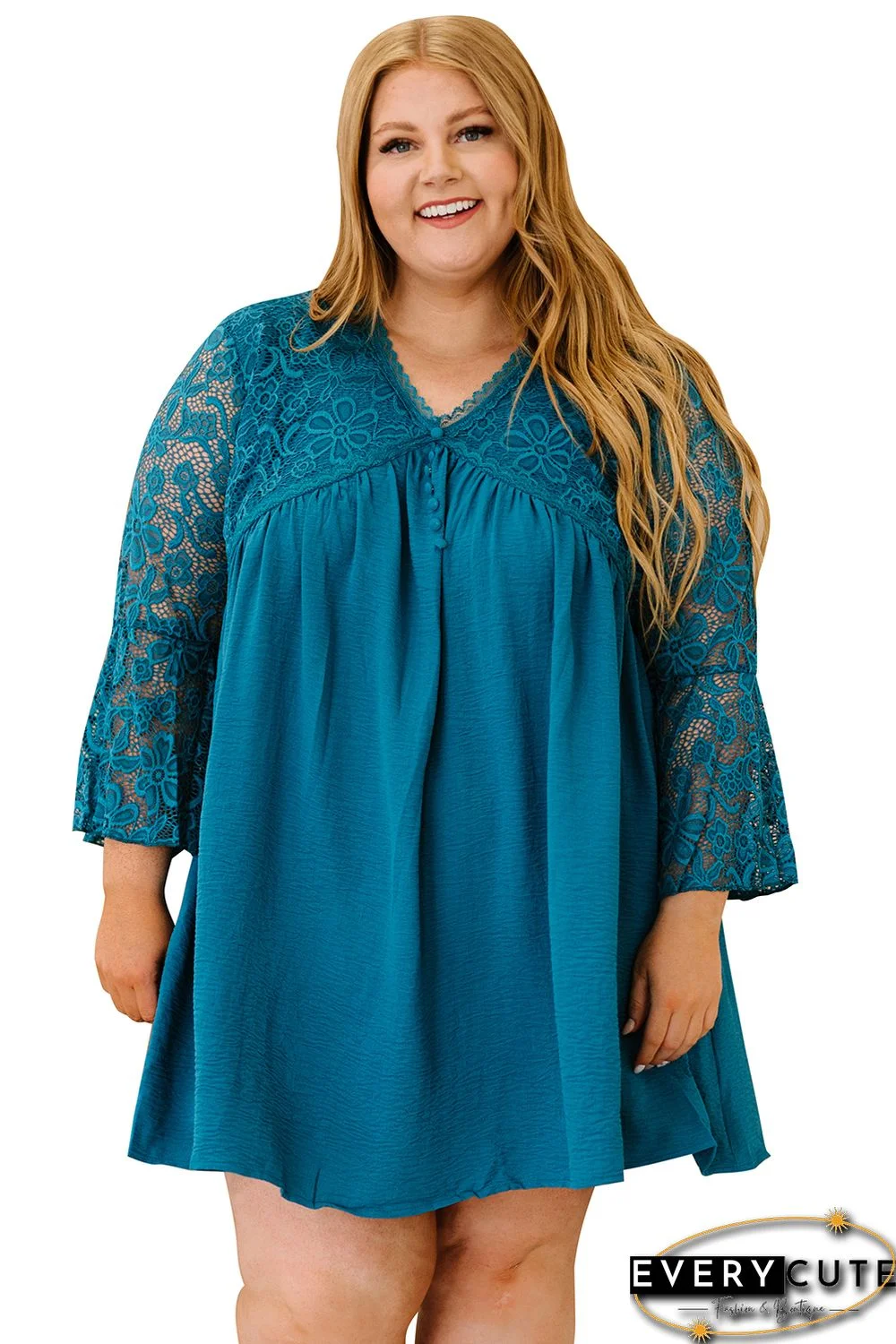 Sky Blue Plus Size Flare Sleeve Lace Pleated Mini Dress