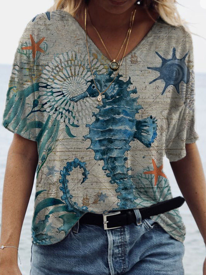 Vefave Colorful Sea Horse Print V Neck T Shirt