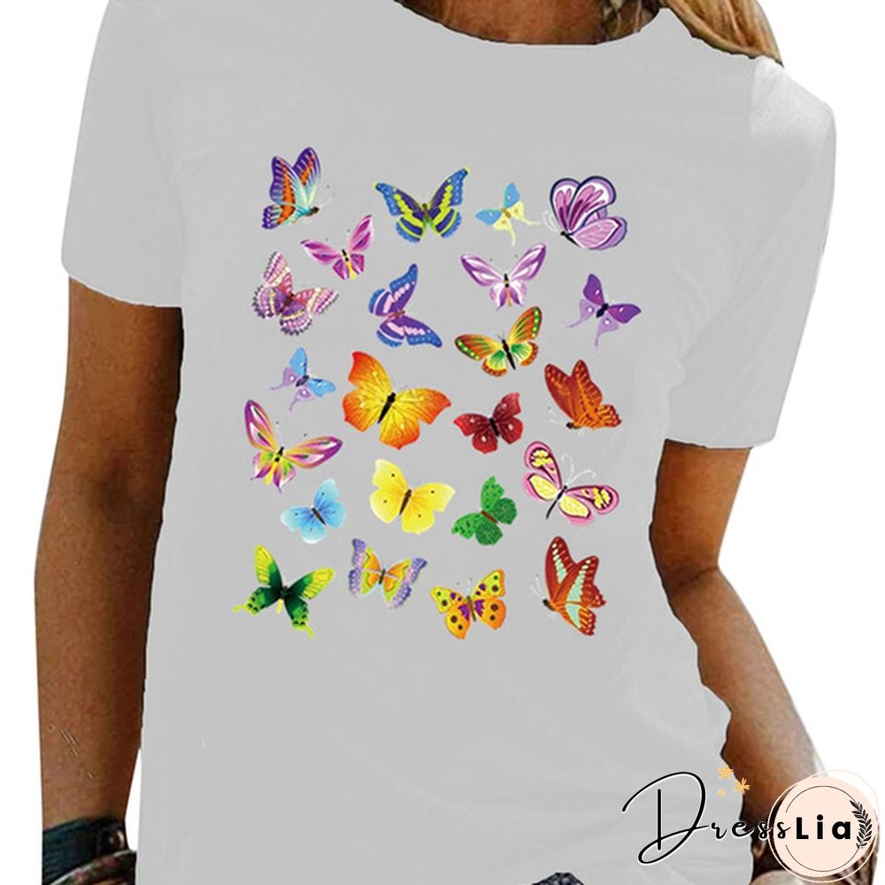 Colorful Butterfly Printed Female T Shirt Summer Fashion Short Sleeve Women T Shirts Round Neck Top Tees