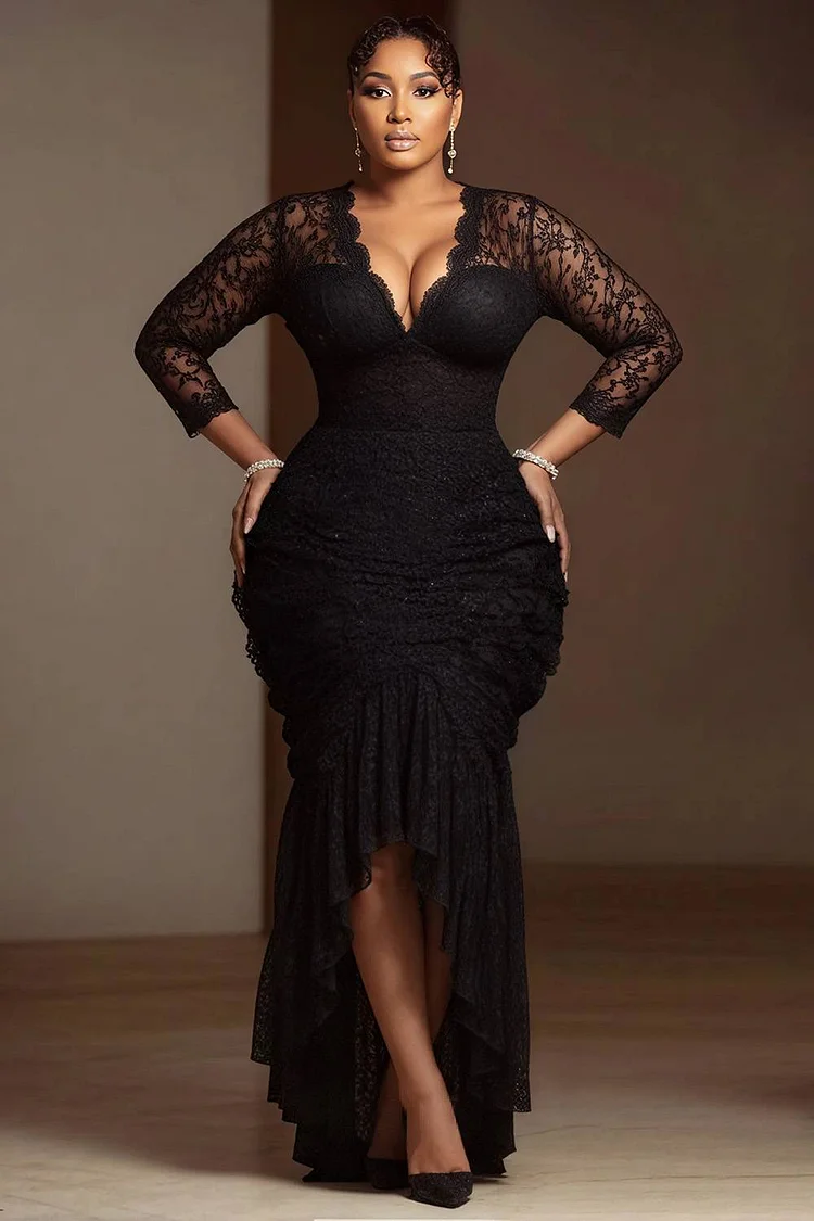 Xpluswear Design Plus Size Prom Black V Neck Long Sleeve High Low Hem Elegant Bodycon Lace Midi Dresses
