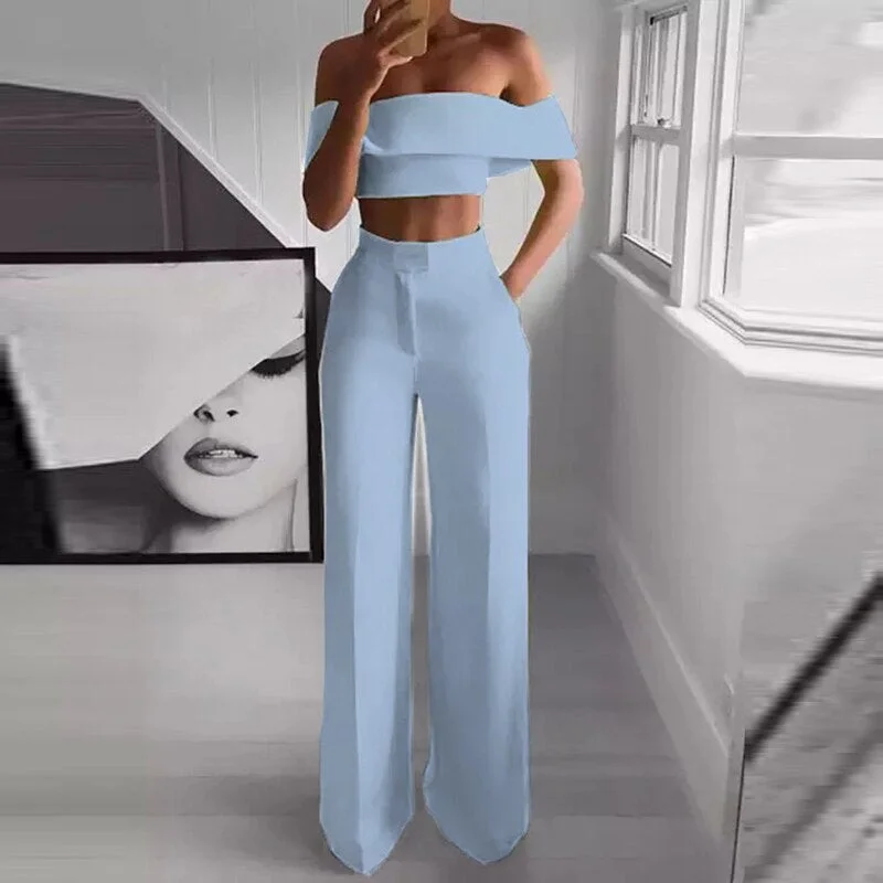 Summer Solid Women Casual Wide Leg Pants Suit Sexy Short Tops And High Waist Two Piece Sets Femme Slim Fit Streetwear Outfits