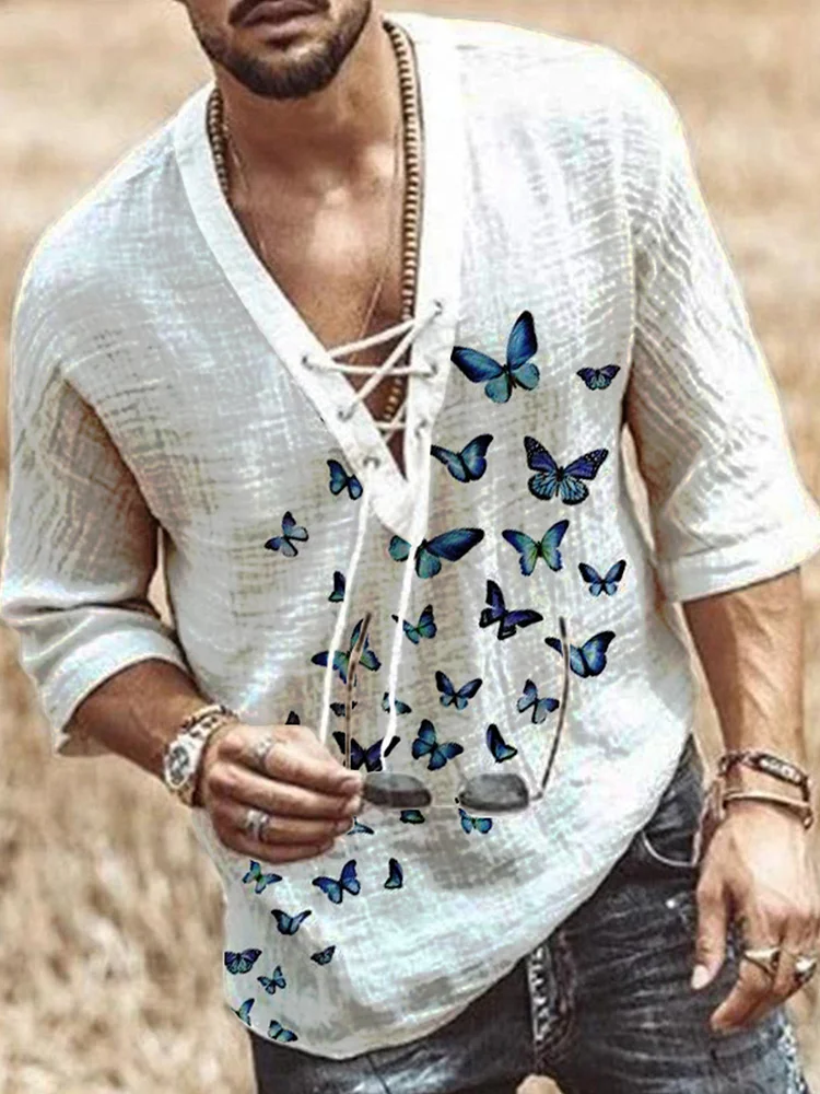 Pre-sale fashion belted butterfly T-shirt cotton and linen shirt