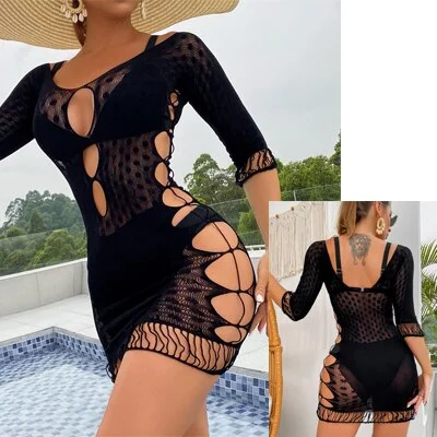 Hollow Out Long Sleeve Bandage Dress Women See-through Women Dress Streetwear Clubwear Party Queen Fishnet Beachwear Ds058
