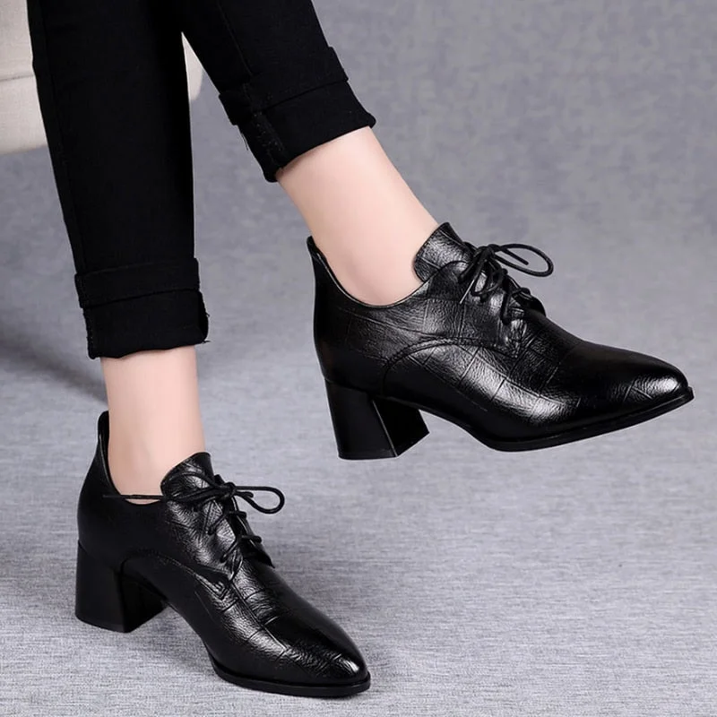 Mid Heels 2020 Autumn Shoes Woman Work Shoes SOFT PU LEATHER Women Pumps Thick Heel Pointed Toe Female Footware Lace-up Black