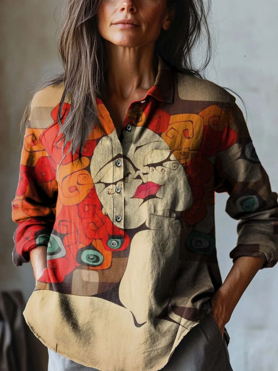 Women's Vintage Abstract Female Art Print Casual Cotton And Linen Shirt