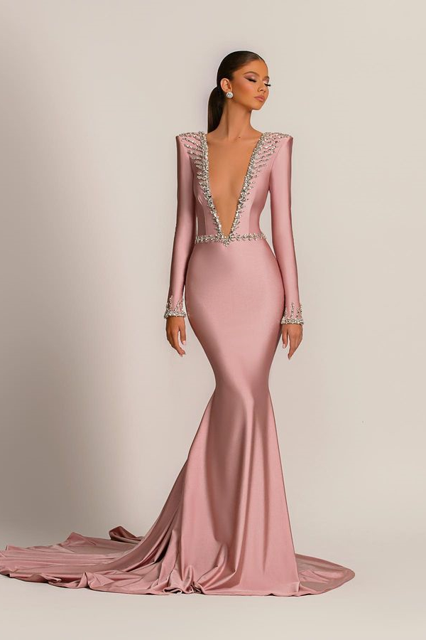 Budget Dusty Pink Long Sleeve Evening Gowns Mermaid Deep V-Neck With Beads - lulusllly