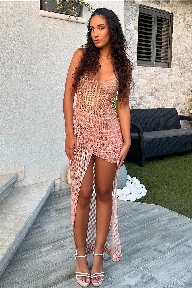 Hellodresses Spaghetti Strap Sleeveless Sweetheart Pleated Long Prom Dress With Split