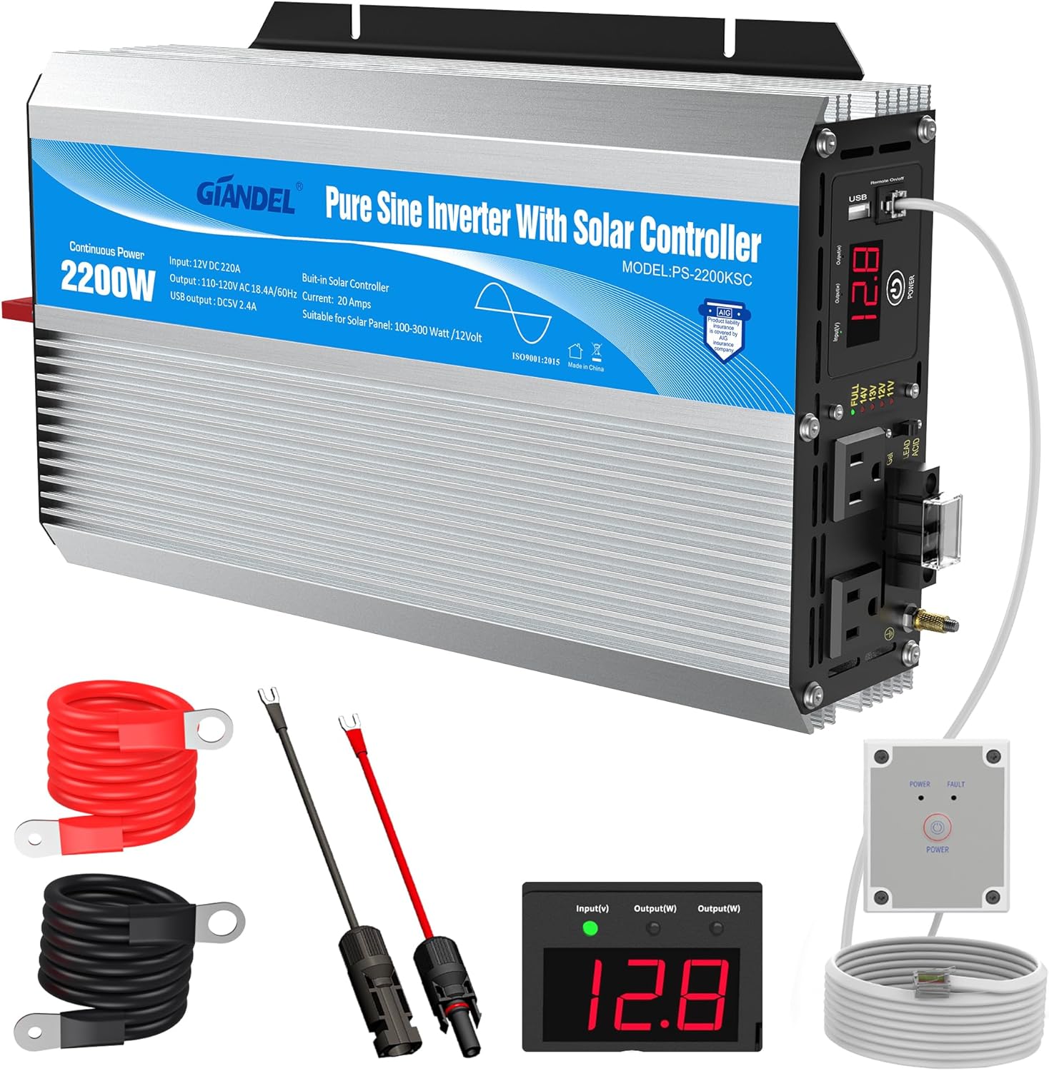2200W Pure Sine Wave Power Inverter 12V DC to 110V 120V AC