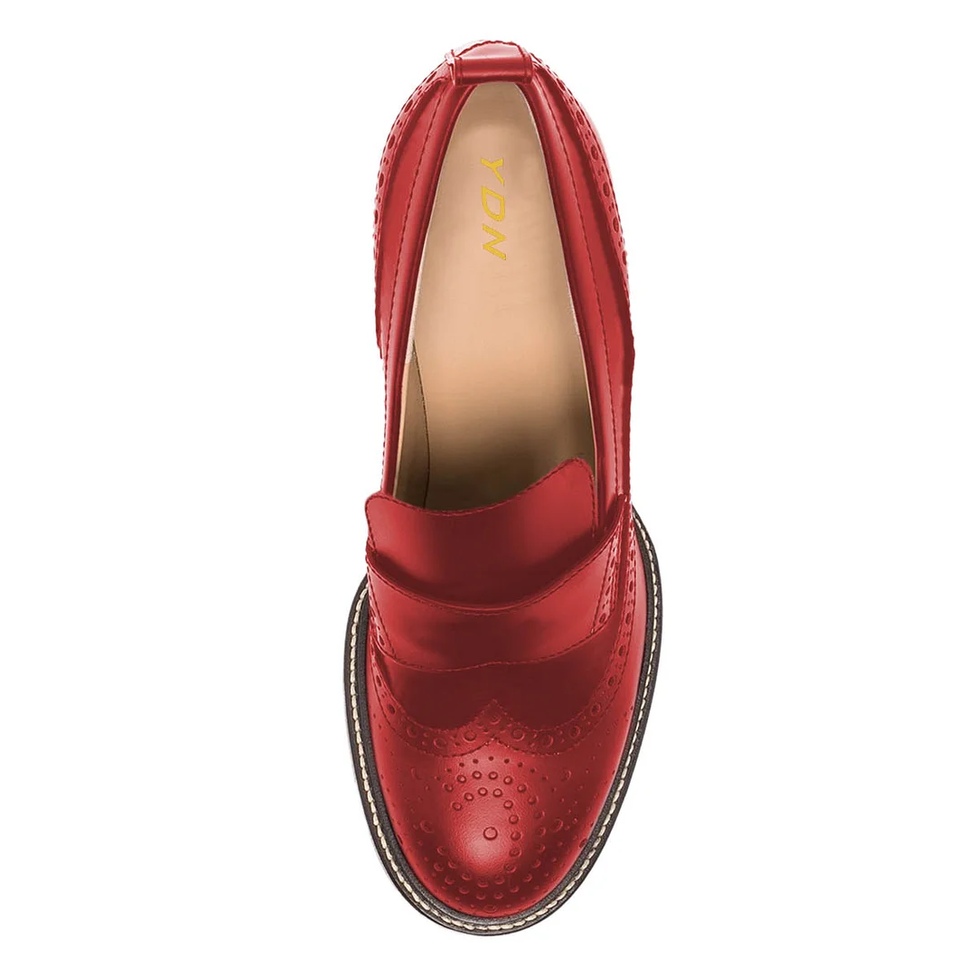 Slip-On Hollowed Round Toe Block Heeled Loafers Women in Red