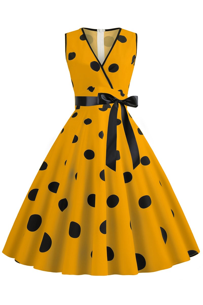 1950s Yellow V Neck Sleeveless Bowknot Polka Dot Print A-line Midi Dress