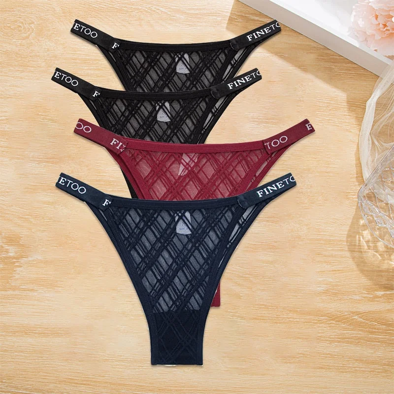FINETOO 4PCS/Set Women's Lace Lingerie Panties Mesh Gstring Female Underpant Sexy Letter Panties Thong Girls Underwear Intimates