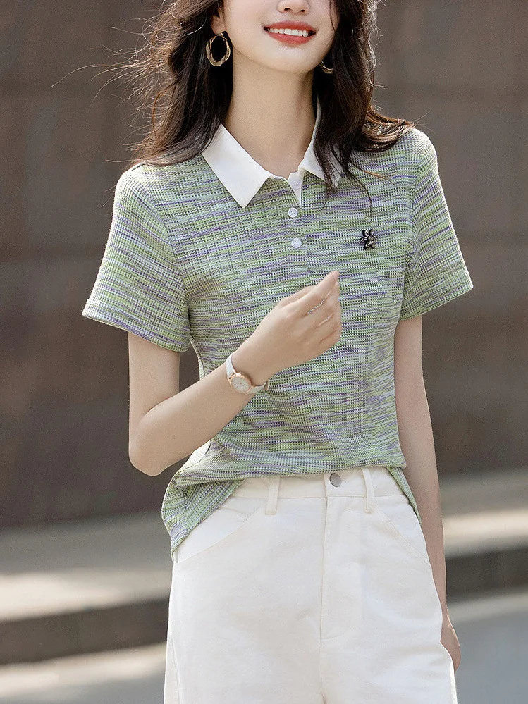 Athvotar Athvotar Collar Three-Dimensional Brooch Short-Sleeved Knit Shirt Women's Summer New Fashion Design Sense Positive Shoulder Thin Top Tide