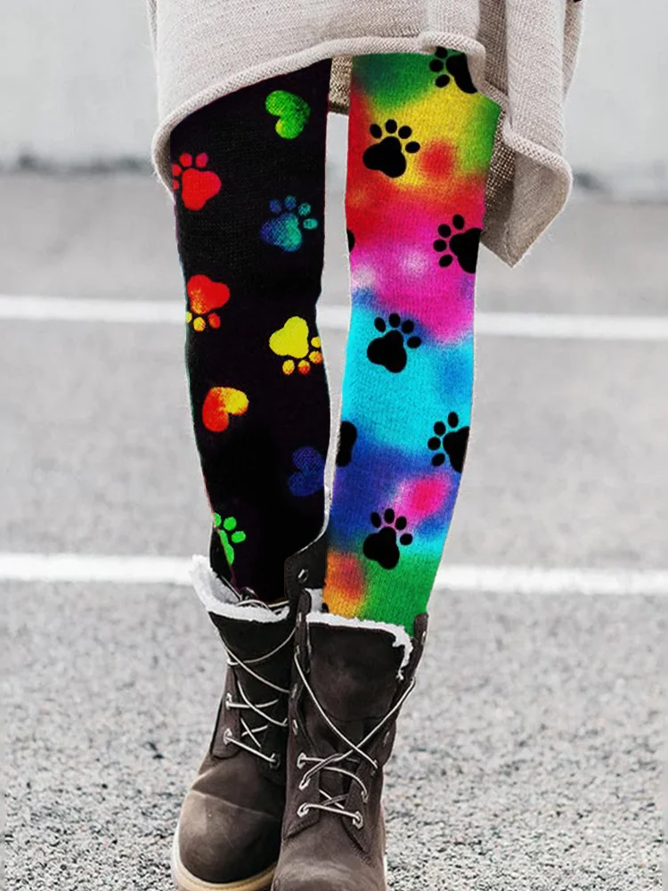 Rainbow Gradient Paw Prints Contrast Comfy Leggings