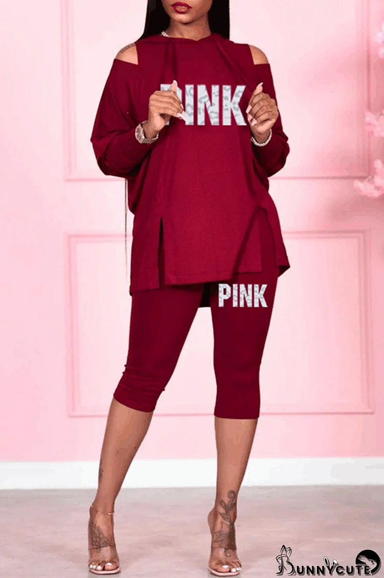 Burgundy Fashion Casual Letter Print Bandage Slit Hooded Collar Long Sleeve Two Pieces