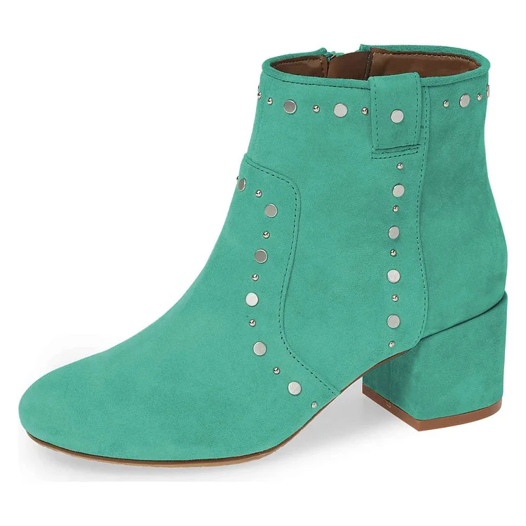 Turquoise Vegan Suede Studs Block Heel Ankle Boots |FSJ Shoes