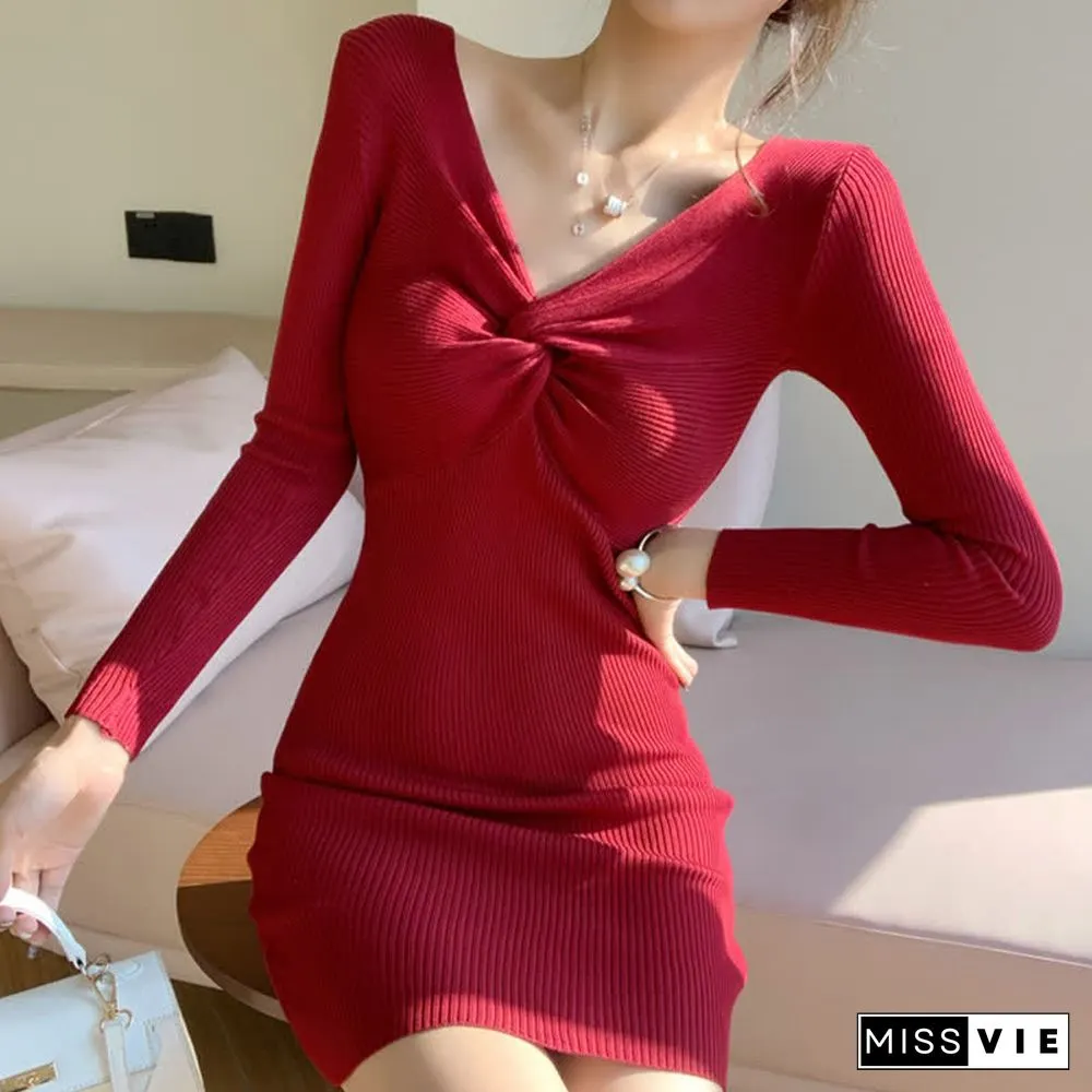 Pure Color V-neck Slim Knit Sweater Dress