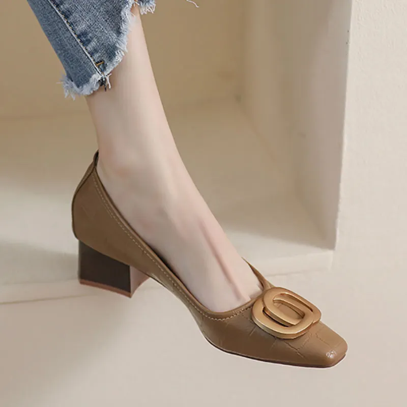 Yyvonne Size 34-43 Women Boat Shoes Metal Pumps Med Heels Dress Shoes Embossing Leather Shallow Shoes Female Office tacones 1120N