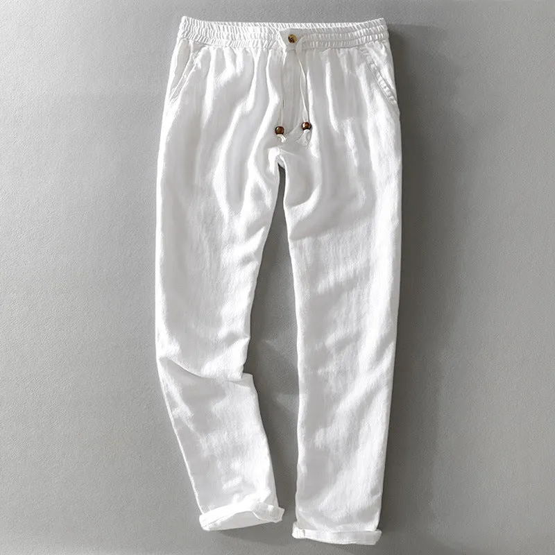 Men's Linen Blend Trousers &ndash; Relaxed Drawstring Summer Trousers &ndash; Navy