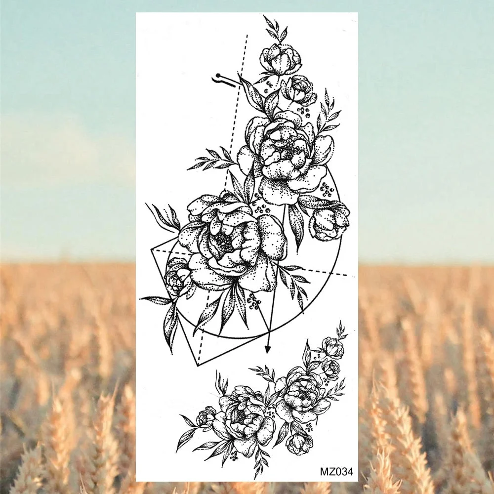 Black Lotus Pendant Temporary Tattoos For Women Adult Rose Flower Jewelry Fake Tattoo Fashion Calf Waterproof Half Sleeve Tatoos