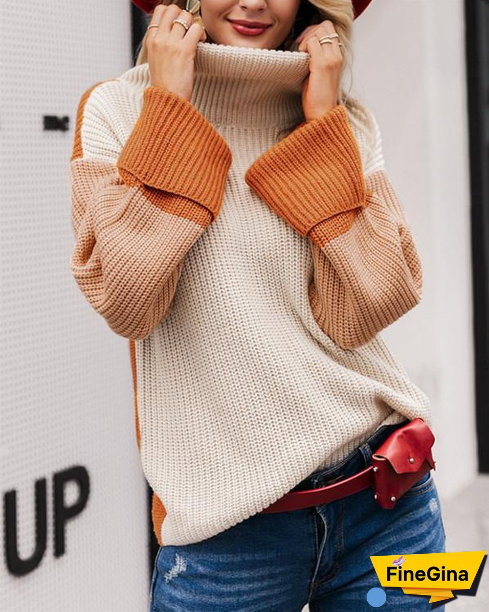 Three-color color matching turtleneck knitted sweater women